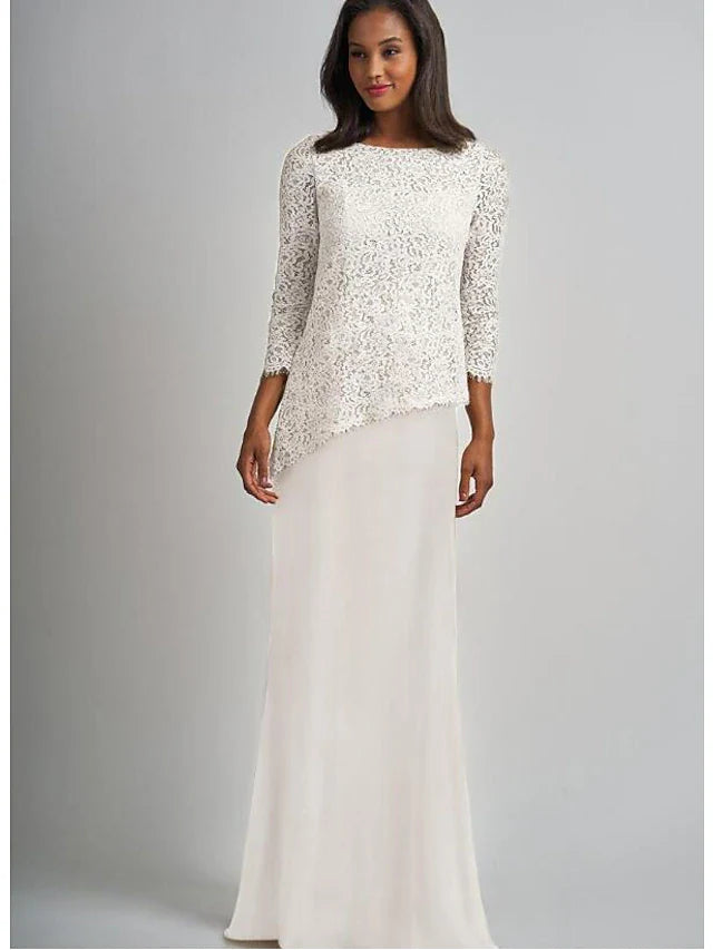 Wholesale Sheath / Column Mother of the Bride Dress Elegant & Luxurious Bateau Neck Floor Length Chiffon Lace 3/4 Length Sleeve with Lace